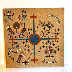 Navajo Indian Sand Art Creation Coyote Stealing Fire 8x8" Tile Todacheenie
